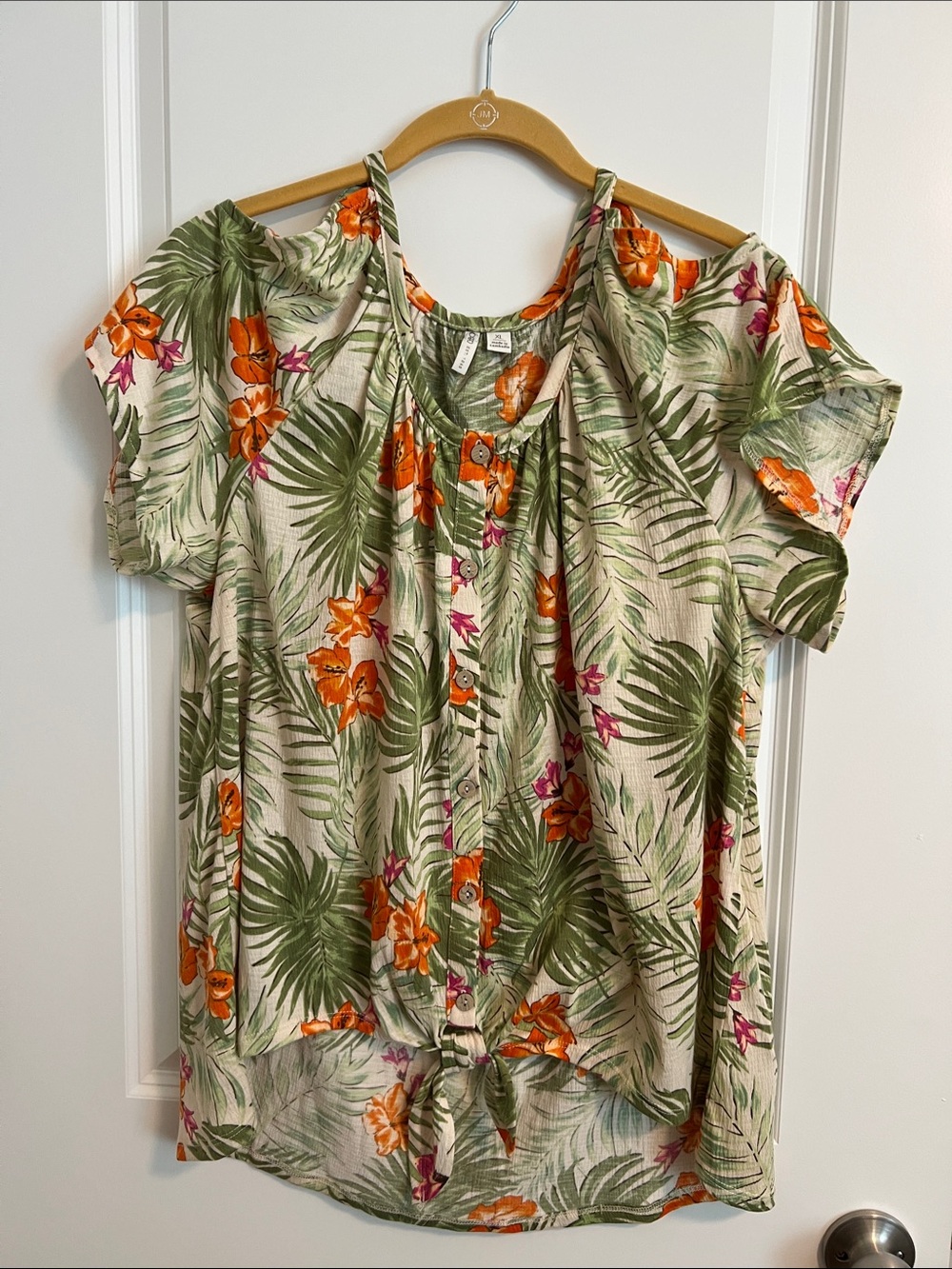 Cato Women’s XL Tropical Floral Cold Shoulder Button Front Tie Hem Blouse